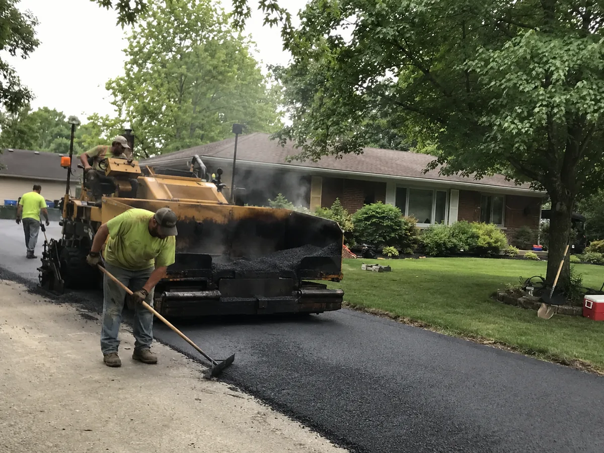 Asphalt paving crew laying hot mix on a residential driveway in Lafayette Indiana
